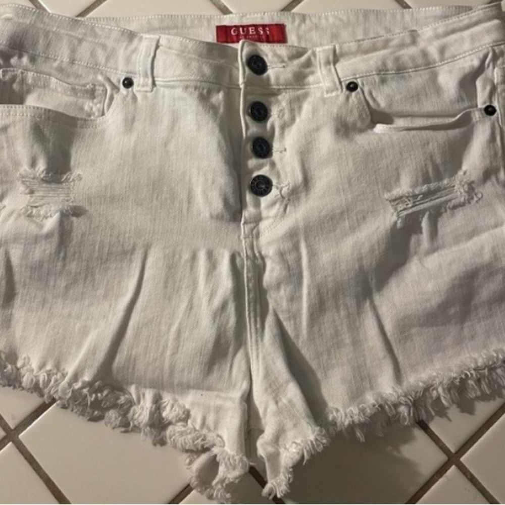 Guess White Frayed Hem Jean Shorts